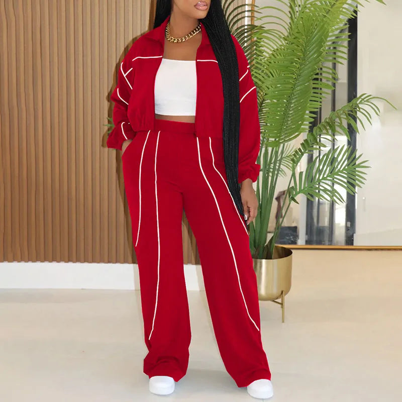 Doyerl Striped Casual Tracksuit Woman Two Piece Set Sports Workout Zipper Long Sleeve Jacket Coat and Sweatpants Matching Sets