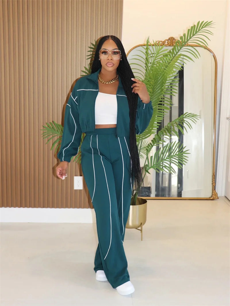 Doyerl Striped Casual Tracksuit Woman Two Piece Set Sports Workout Zipper Long Sleeve Jacket Coat and Sweatpants Matching Sets