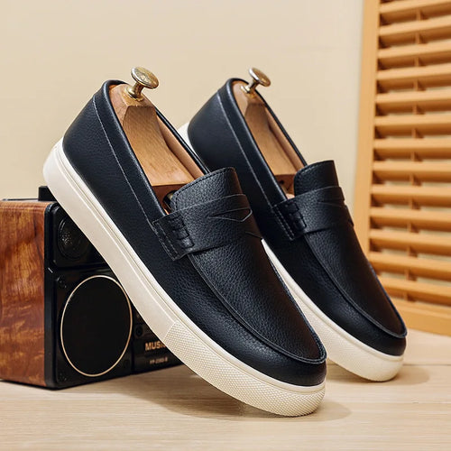 Casual Slip-On Men's Bean Oes Spring 2026 New Sle Comfortable Leather Sneakers Breathable Round Toe Flat Heel PU Lined