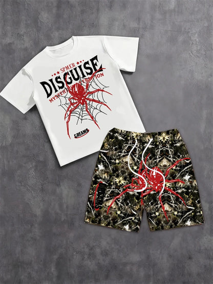 Spring And Summer American Trend 3D Printed Skull Men's Round-neck Top And Shorts, Hip-hop Style Trendy And Cool 2pcs Set