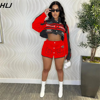 HLJ Letter Print Two Piece Outfits 2023 Autumn Winter Casual Sporty Baseball Coat Skirts Suits Detachable Buttons Y2k Streetwear