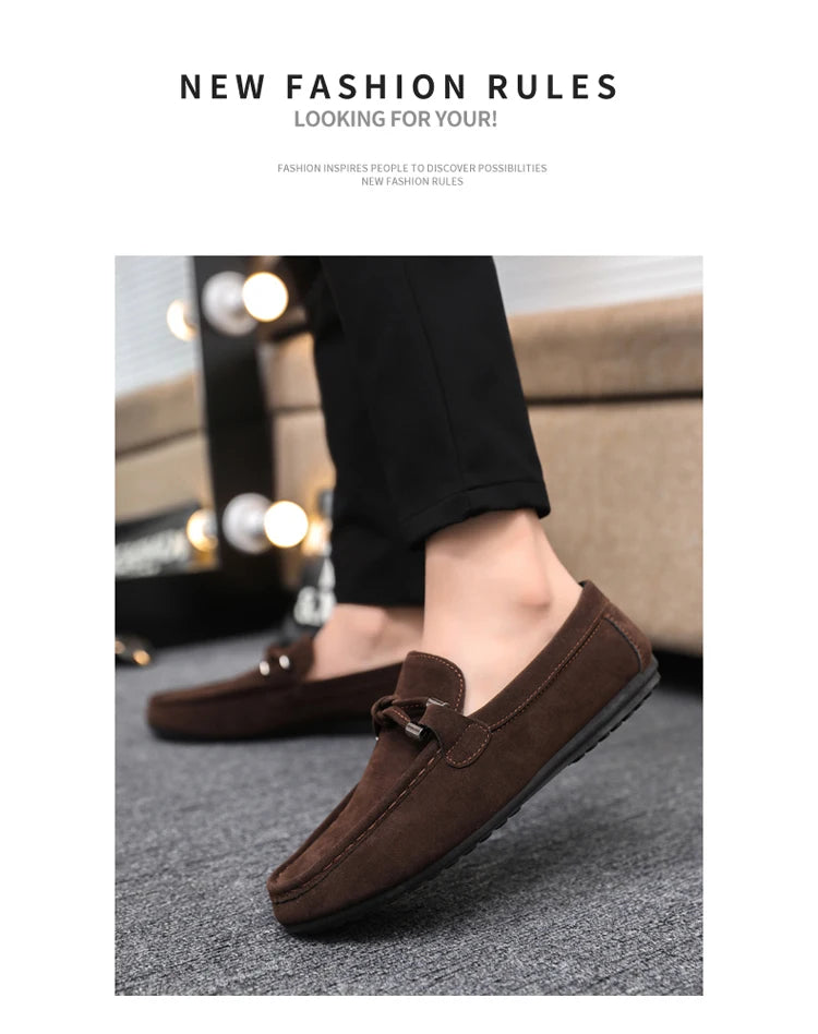2026 Summer Casual Fashion Driving Loafers Suede Leather Minimalist Slip-Ons Comfortable Trendy Work Shoes Black & Khaki Two-Ton