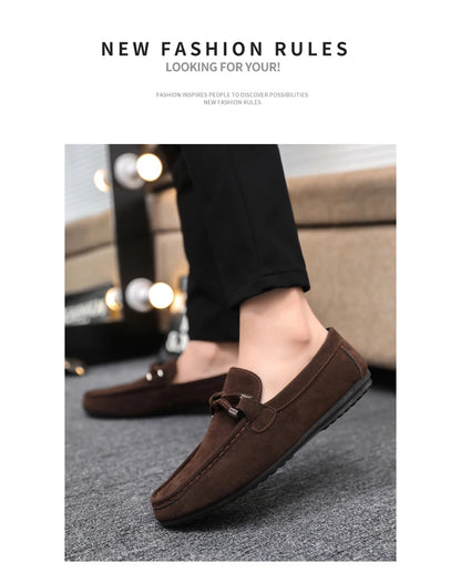 2026 Summer Casual Fashion Driving Loafers Suede Leather Minimalist Slip-Ons Comfortable Trendy Work Shoes Black & Khaki Two-Ton