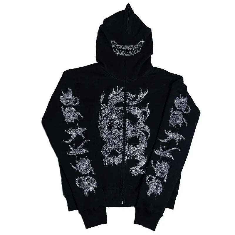Skeleton Pattern Rhinestone Zipper Hoodies Men Women Hip Hop Street Hoodie Retro Punk Gothic Autumn Oversize Sweatshirt Jacket
