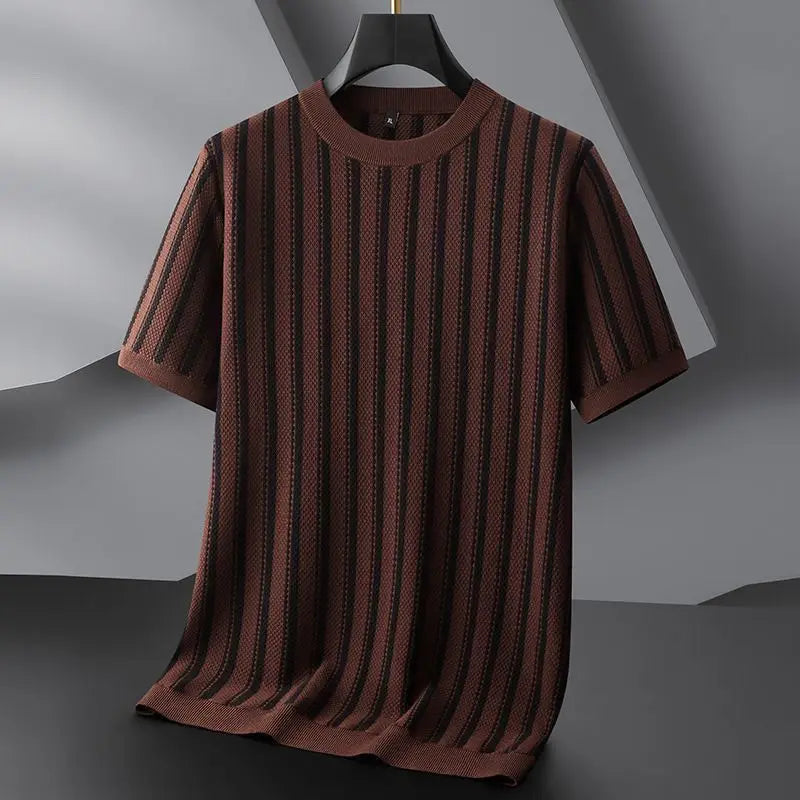 Spring New Round Neck Striped Jacquard Contrasting Short Sleeved Knitted Sweater for Men's Casual Versatile Half Sleeved Sweater