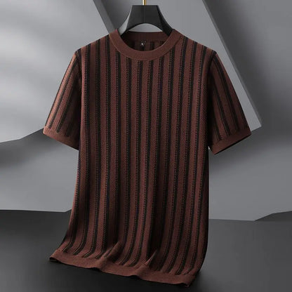 Spring New Round Neck Striped Jacquard Contrasting Short Sleeved Knitted Sweater for Men's Casual Versatile Half Sleeved Sweater