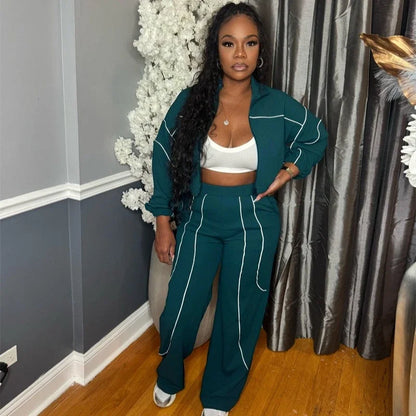 Doyerl Striped Casual Tracksuit Woman Two Piece Set Sports Workout Zipper Long Sleeve Jacket Coat and Sweatpants Matching Sets
