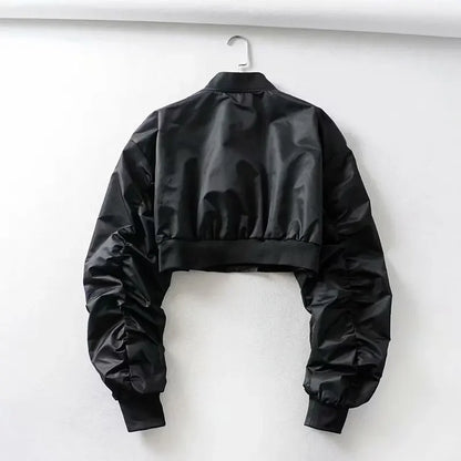 High Waisted Cropped Flight Jacket Women Spring Autumn Long Sleeved Folds Zipper Outerwear Casual Loose-fit Bomber Jackets Coat