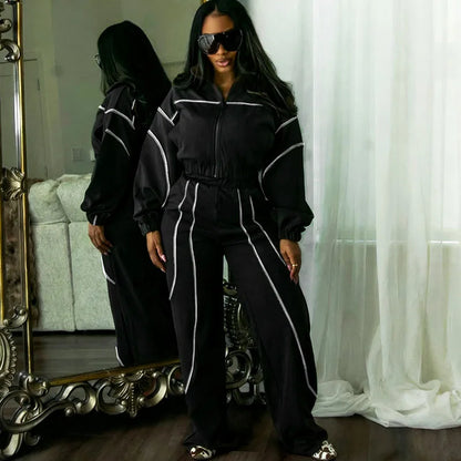 Doyerl Striped Casual Tracksuit Woman Two Piece Set Sports Workout Zipper Long Sleeve Jacket Coat and Sweatpants Matching Sets