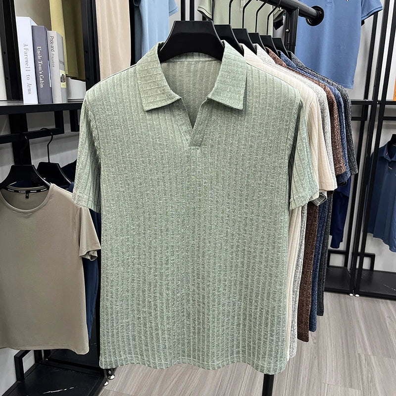 Men's Breathable Knitted Polo Tee Short Sleeve V Neck Striped Fabric Lightweight Casual Business Daily Wear