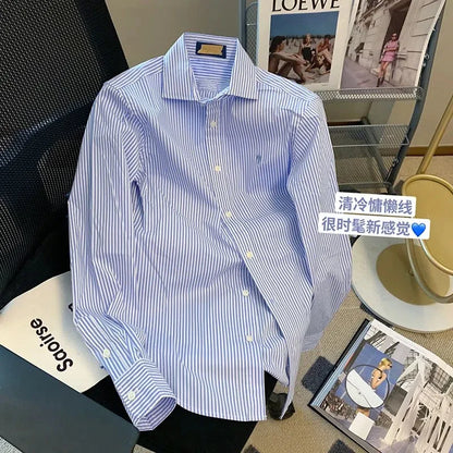 Striped Polo Neck Button Shirt Tops Long Sleeve Loose All-match High Street Blouse Fashion Casual Spring New Women Clothing