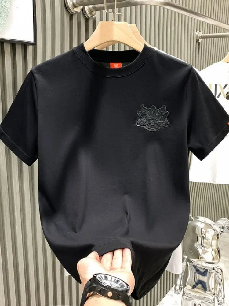 Male Tees Shirts Skinny Embroidery Lion New In Party Y2k Original Tops Hot Basic Korean Popular Clothes Cool Cheap Men's T-shirt