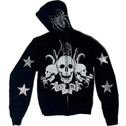 Skeleton Pattern Rhinestone Zipper Hoodies Men Women Hip Hop Street Hoodie Retro Punk Gothic Autumn Oversize Sweatshirt Jacket
