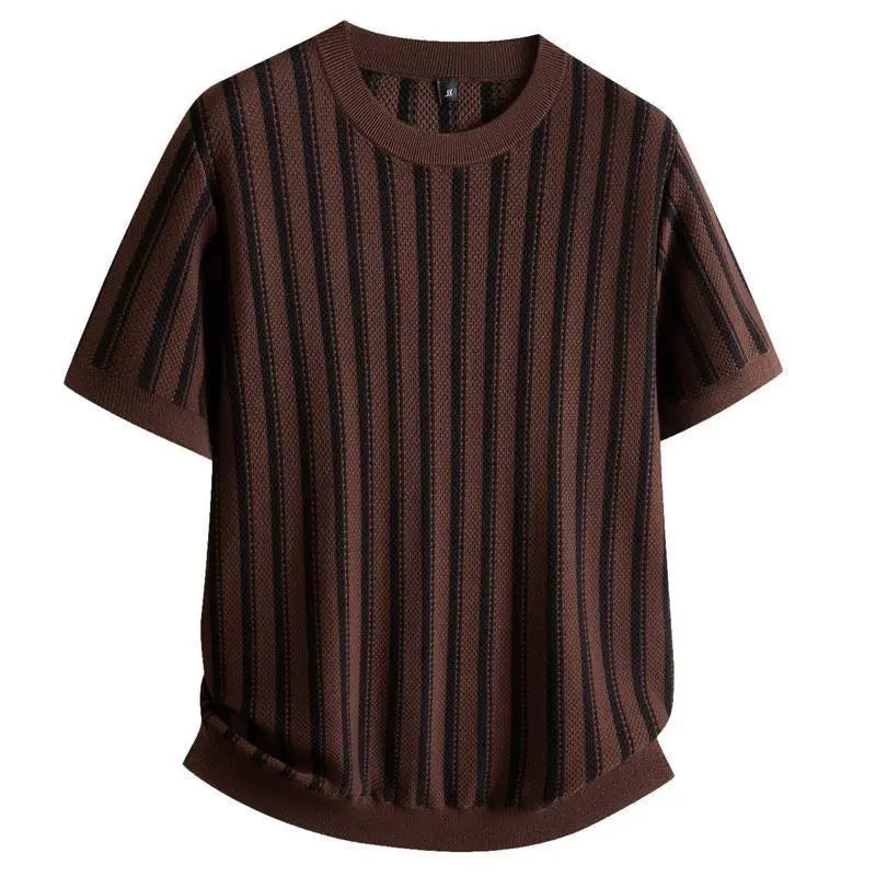 Spring New Round Neck Striped Jacquard Contrasting Short Sleeved Knitted Sweater for Men's Casual Versatile Half Sleeved Sweater