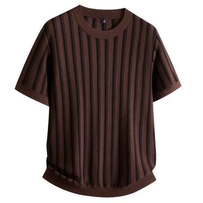 Spring New Round Neck Striped Jacquard Contrasting Short Sleeved Knitted Sweater for Men's Casual Versatile Half Sleeved Sweater