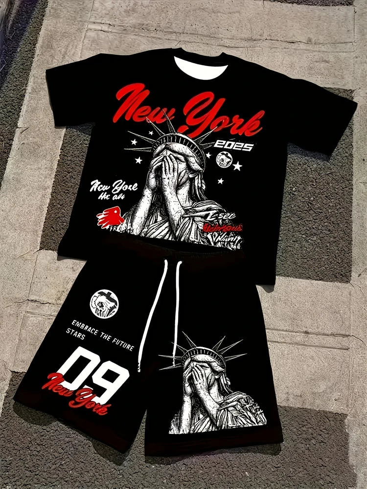 Spring And Summer American Trend 3D Printed Skull Men's Round-neck Top And Shorts, Hip-hop Style Trendy And Cool 2pcs Set
