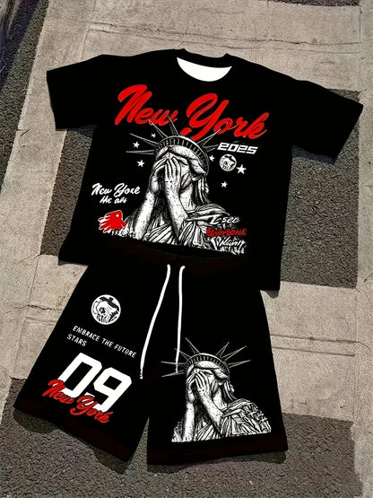 Spring And Summer American Trend 3D Printed Skull Men's Round-neck Top And Shorts, Hip-hop Style Trendy And Cool 2pcs Set
