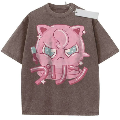 T Shirt Sports T Shirt Short Sleeve T Shirt Rose Red Unisex Pure Cotton Washed Vintage Pokemon Jigglypuff Anime Print