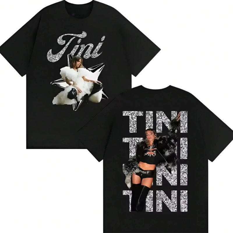 Double-sided printed T-shirt with Tini Stoessel album cover, unisex, fashionable retro style, pure cotton, millennial style.