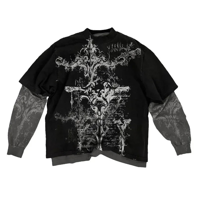 2000s American Skull Pattern Long sleeved T shirt Fashion Round Neck Oversized T shirt New Mens Casual Gothic Clothing Tops