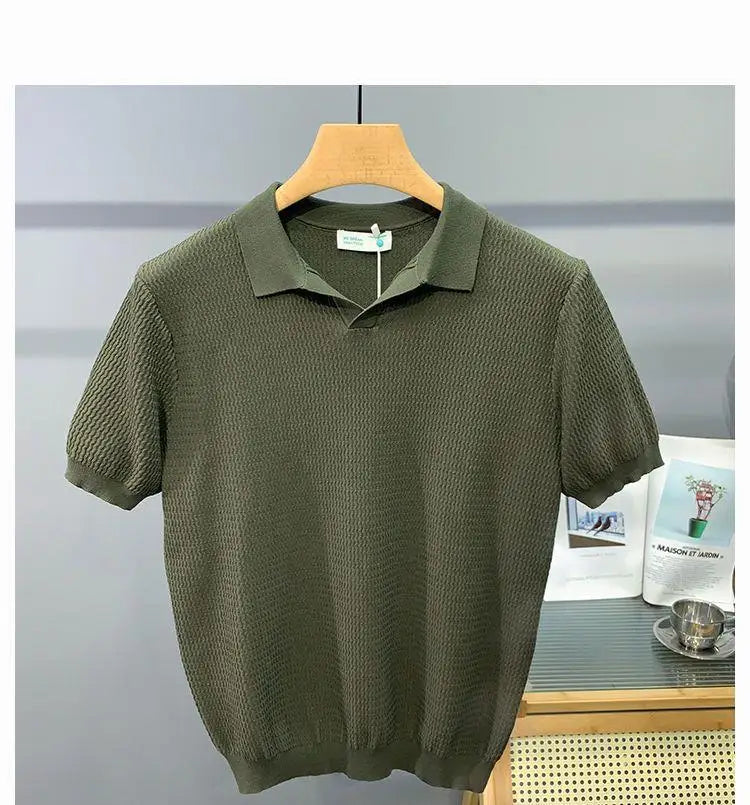 Ice Silk Slim Fit Short Sleeve V-Neck Polo Shirt Men's Knitted Summer New Style Breathable Machine Washable Casual T-Shirt