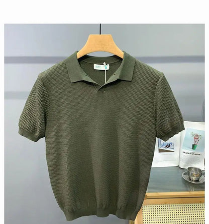 Ice Silk Slim Fit Short Sleeve V-Neck Polo Shirt Men's Knitted Summer New Style Breathable Machine Washable Casual T-Shirt