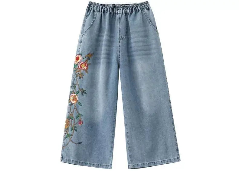 Artistic retro Heavy industry Embroidered Denim Wide leg Pants Spring Summer 2025 New Women's Loose waist Casual Nine Fen Jeans