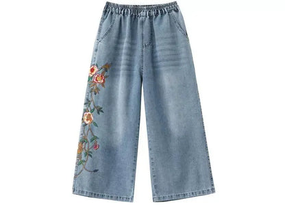 Artistic retro Heavy industry Embroidered Denim Wide leg Pants Spring Summer 2025 New Women's Loose waist Casual Nine Fen Jeans