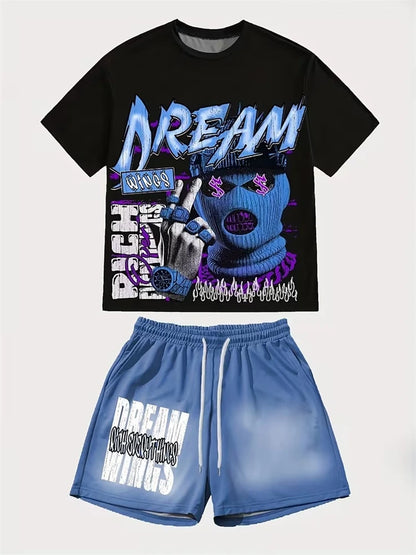 Spring And Summer American Trend 3D Printed Skull Men's Round-neck Top And Shorts, Hip-hop Style Trendy And Cool 2pcs Set