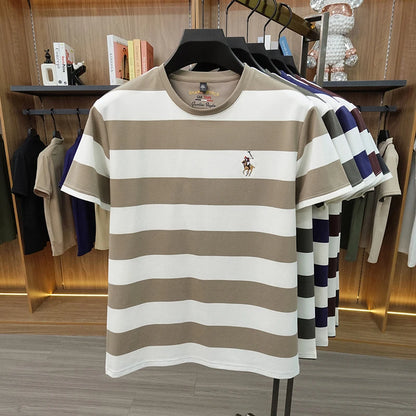 Striped Round Neck Short Sleeved T-shirt for Men's Summer Casual Loose Breathable Top Embroidered Men's Base T-shirt