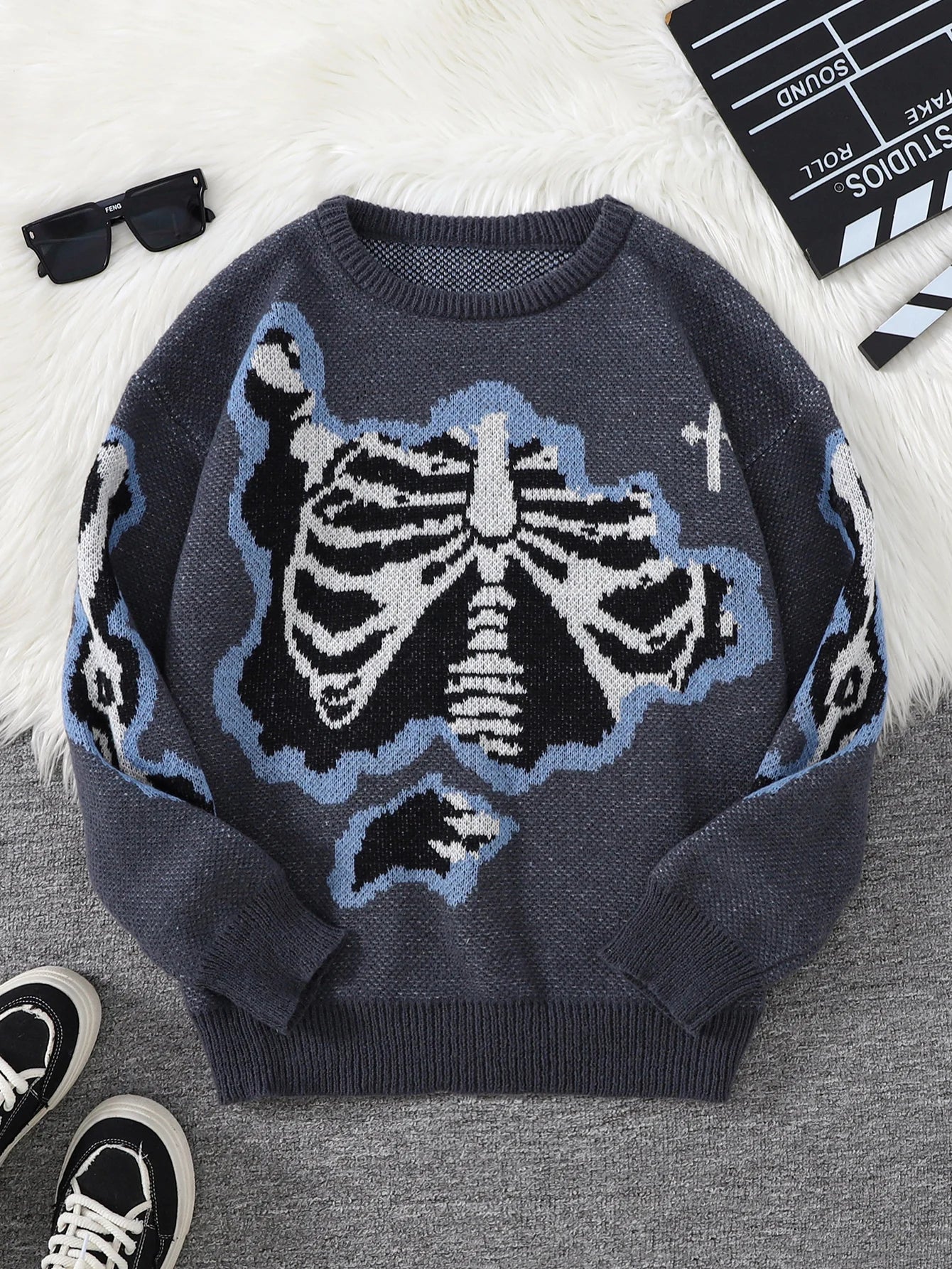 New Popular Spring and Autumn Bone-Shaped Butterfly Jacquard Pattern Pullover Sweater Casual Round Neck Contrast Color Knitted m