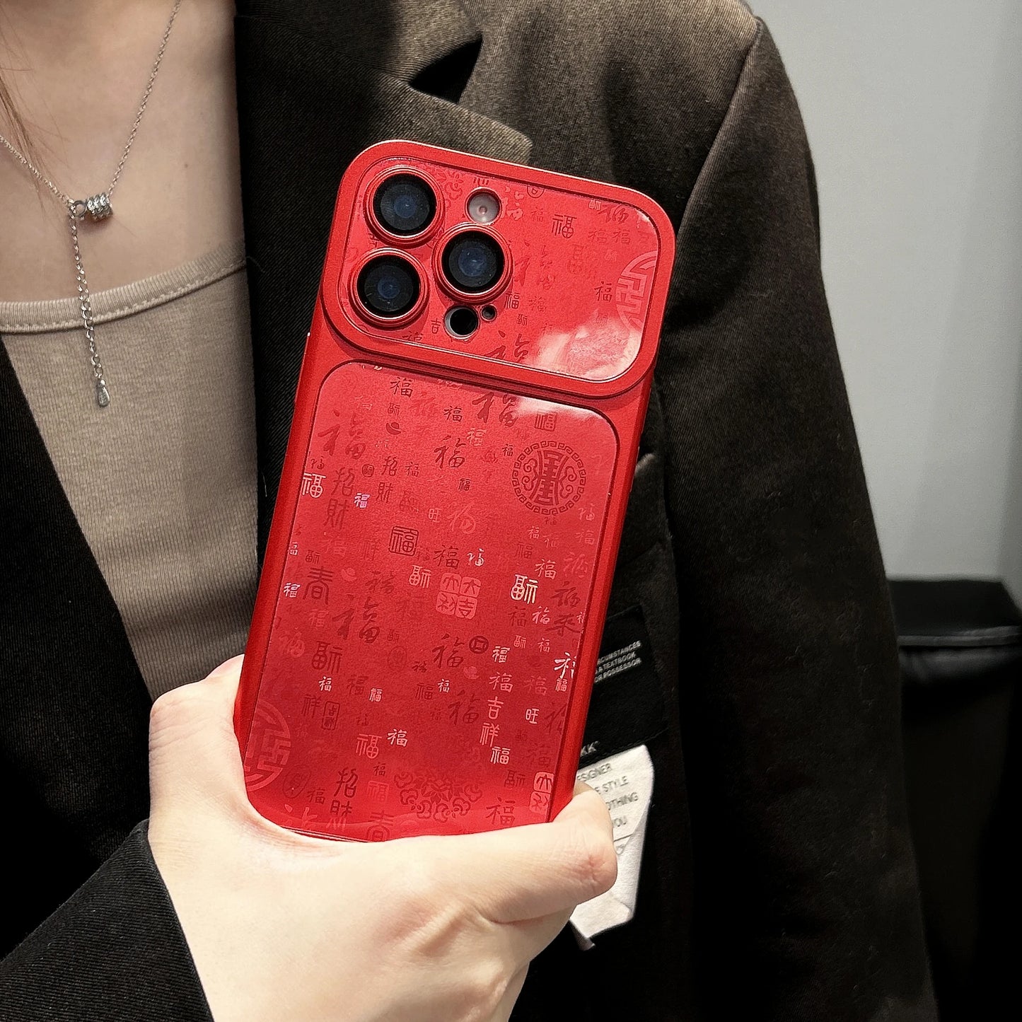Large Window Lucky Character Phone Case for iPhone 17 16 15 14 13 Pro Max Glass Lens Protection Metallic Paint PC Matte Cover