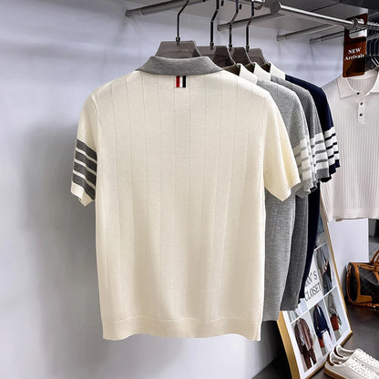 High End Light Luxury Color Blocked Knitted Summer Men's Short Sleeved Polo Shirt, Thin Grain Design, Casual T-shirt