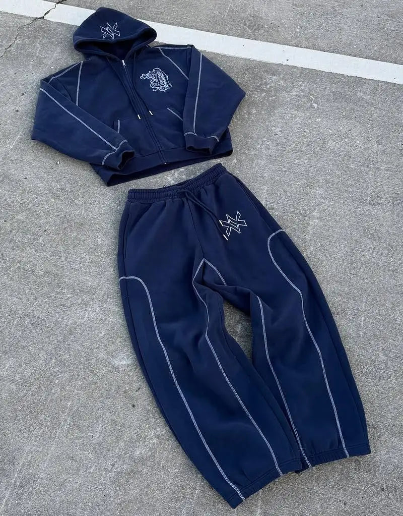 American Y2K Casual Zipper Hoodie Sweatpant Two Piece Set HipHop Oversized Embroidery Sweatshirts Men Women Casual Pants