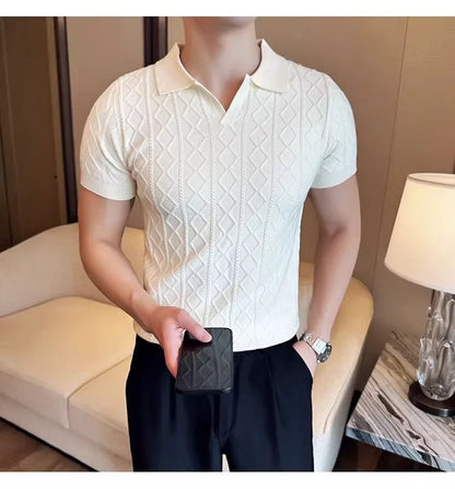 Polo Style Sweaters for Men Summer New Slim Fit Short Sleeve Business Casual T-shirts Male Solid Turn Down Collar Knitwear Tops