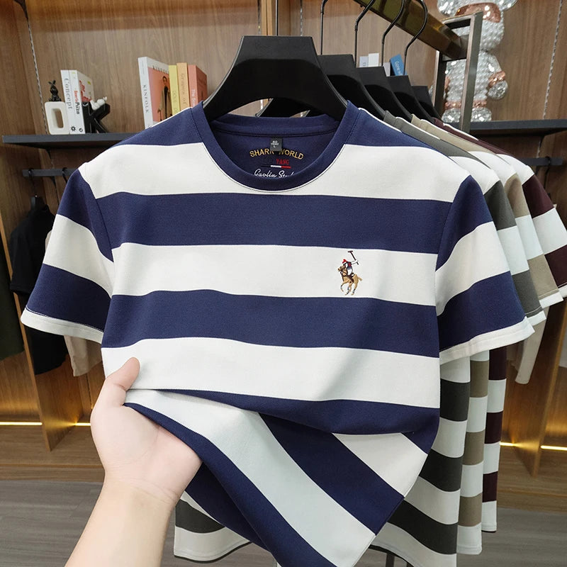 Striped Round Neck Short Sleeved T-shirt for Men's Summer Casual Loose Breathable Top Embroidered Men's Base T-shirt