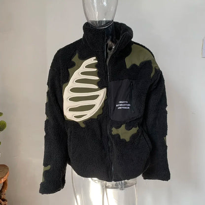 Y2K Retro Spliced Embroidered Cotton Coat Winter Warm American Loose 2024 Stand Collar Contrast Color Men's Top
