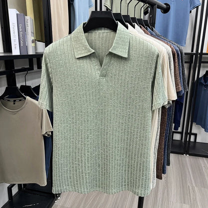 Men's Breathable Knitted Polo Tee Short Sleeve V Neck Striped Fabric Lightweight Casual Business Daily Wear