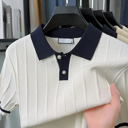 Summer Lightweight Men's Polo Shirt, Middle-aged Jacquard Color-block Breathable Wrinkle-free Casual Knitted Top
