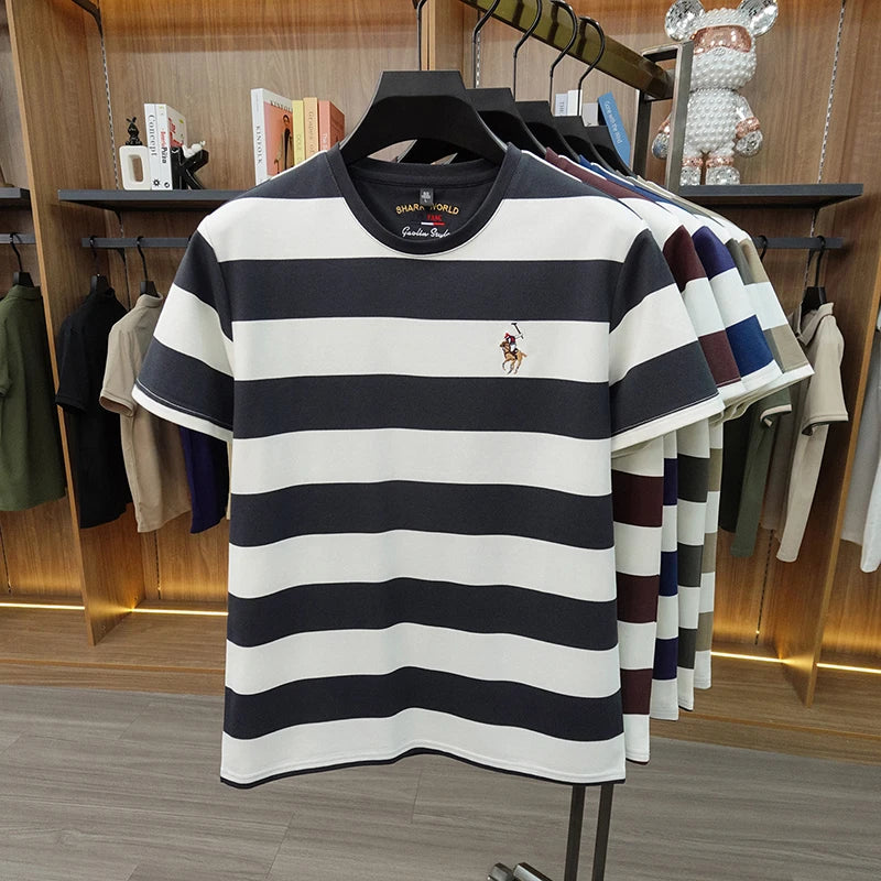 Striped Round Neck Short Sleeved T-shirt for Men's Summer Casual Loose Breathable Top Embroidered Men's Base T-shirt
