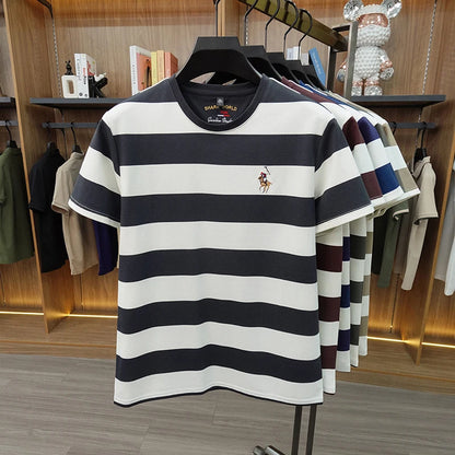 Striped Round Neck Short Sleeved T-shirt for Men's Summer Casual Loose Breathable Top Embroidered Men's Base T-shirt