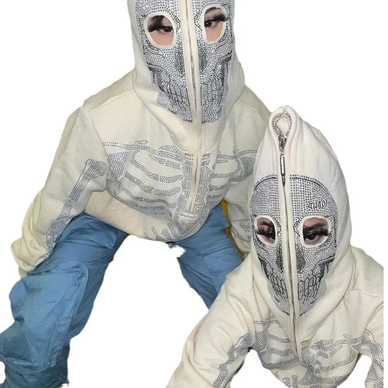 Skeleton Pattern Rhinestone Zipper Hoodies Men Women Hip Hop Street Hoodie Retro Punk Gothic Autumn Oversize Sweatshirt Jacket