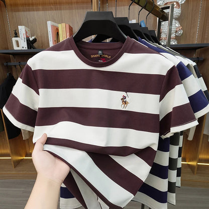 Striped Round Neck Short Sleeved T-shirt for Men's Summer Casual Loose Breathable Top Embroidered Men's Base T-shirt