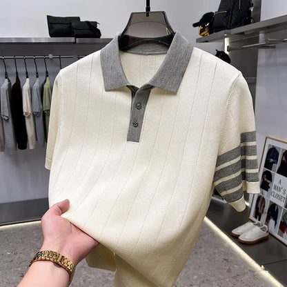 High End Light Luxury Color Blocked Knitted Summer Men's Short Sleeved Polo Shirt, Thin Grain Design, Casual T-shirt