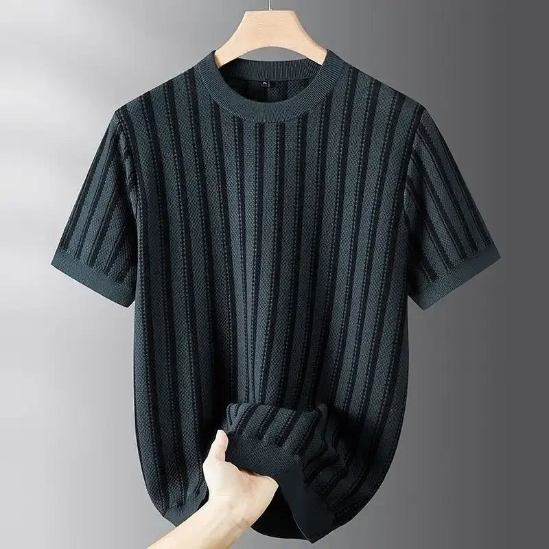 Spring New Round Neck Striped Jacquard Contrasting Short Sleeved Knitted Sweater for Men's Casual Versatile Half Sleeved Sweater