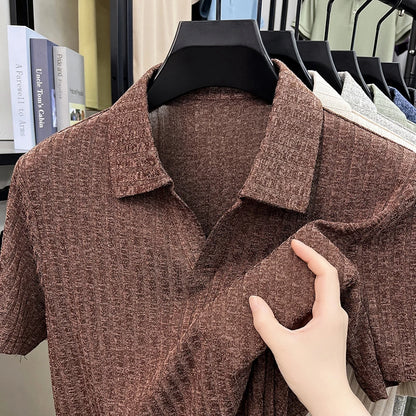 Men's Breathable Knitted Polo Tee Short Sleeve V Neck Striped Fabric Lightweight Casual Business Daily Wear