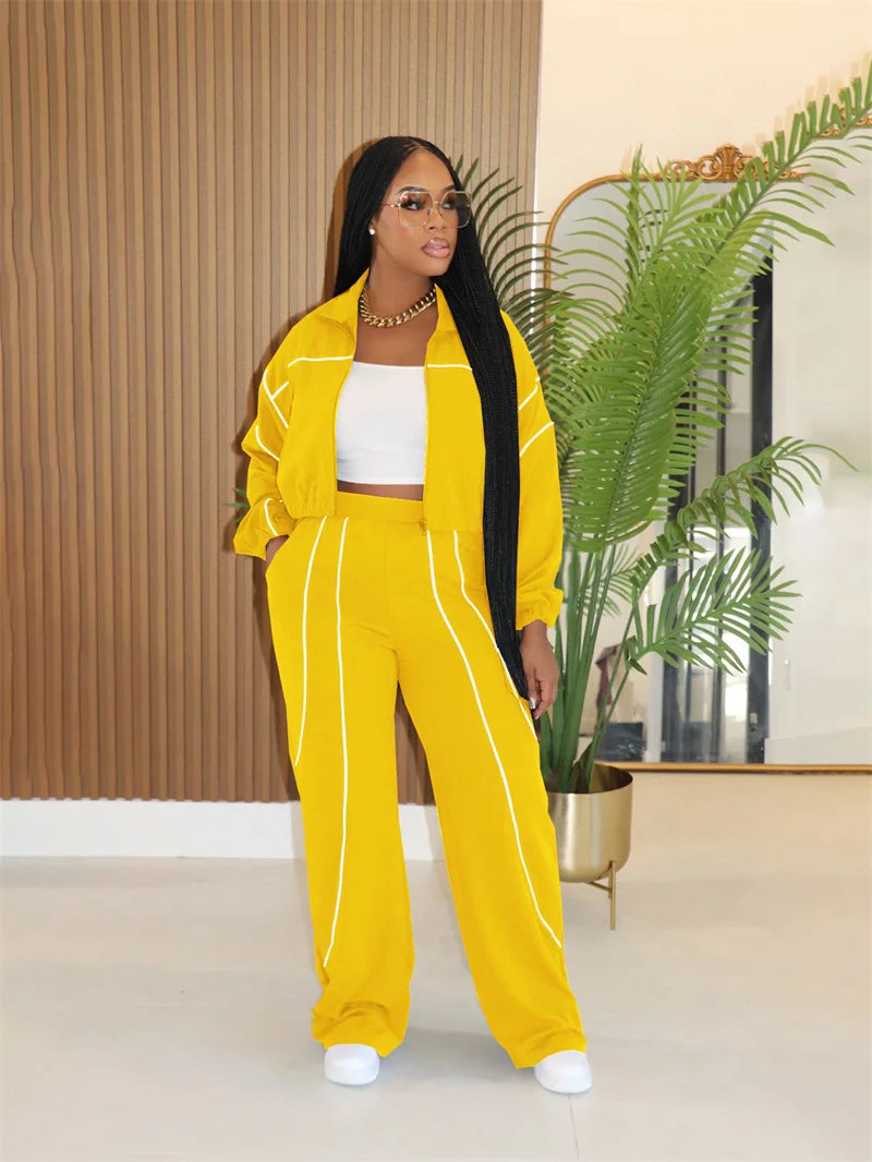 Doyerl Striped Casual Tracksuit Woman Two Piece Set Sports Workout Zipper Long Sleeve Jacket Coat and Sweatpants Matching Sets