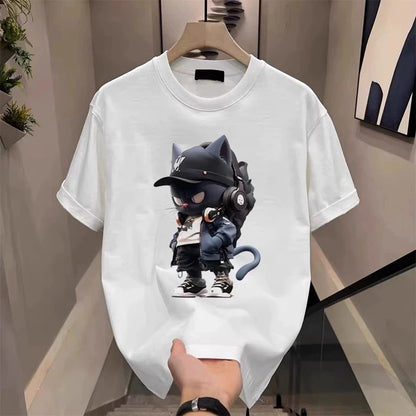 Men's Cotton T-shirts White 5XL T Shirt for Men Casual Summer Wear Anime Cat Print Tee Shirts Black Men Clothing