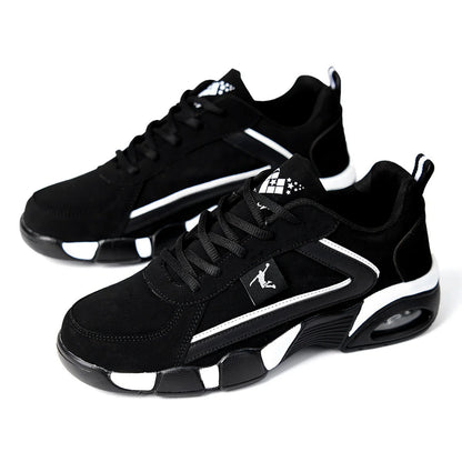 ZERJER Men's Air Cushion Casual Sports Shoes Breathable mesh & PU upper, geometric pattern design, lace-up closure, black and wh