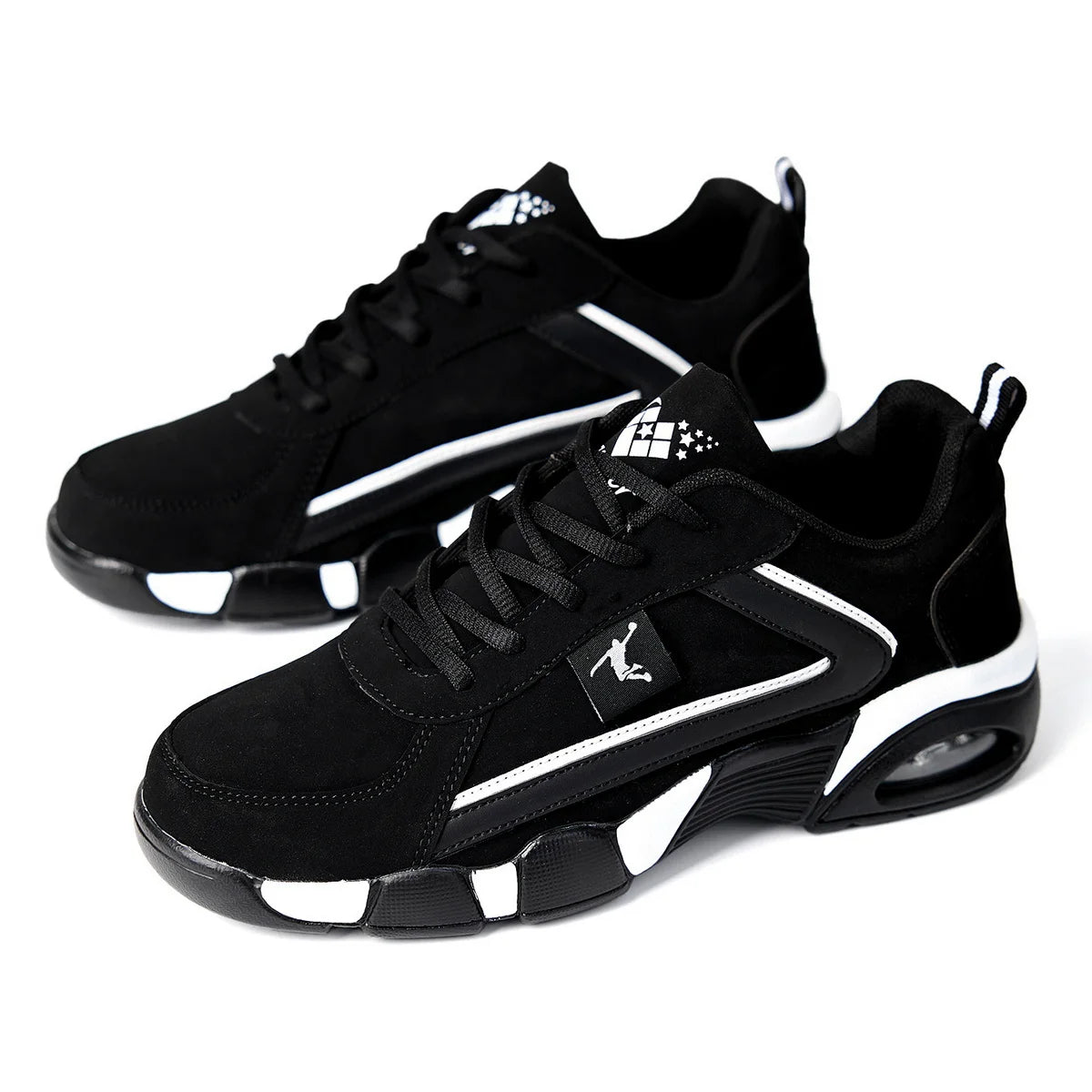 ZERJER Men's Air Cushion Casual Sports Shoes Breathable mesh & PU upper, geometric pattern design, lace-up closure, black and wh